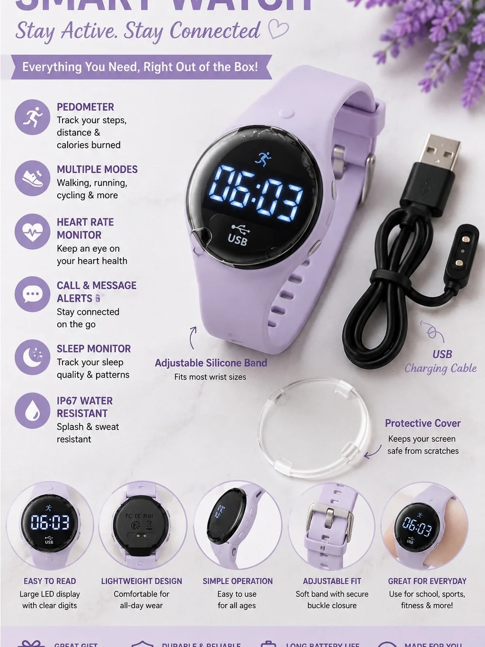 Lilac Silicone Smart Watch with Heart Rate & Sleep Monitor